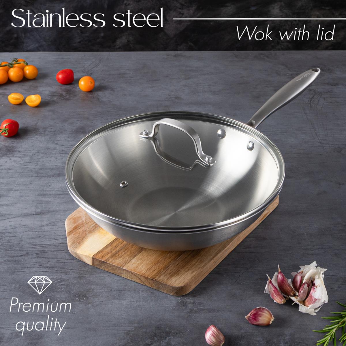 Wok Antiadherente de Acero Inoxidable de 28 cm con Tapa de Vidrio