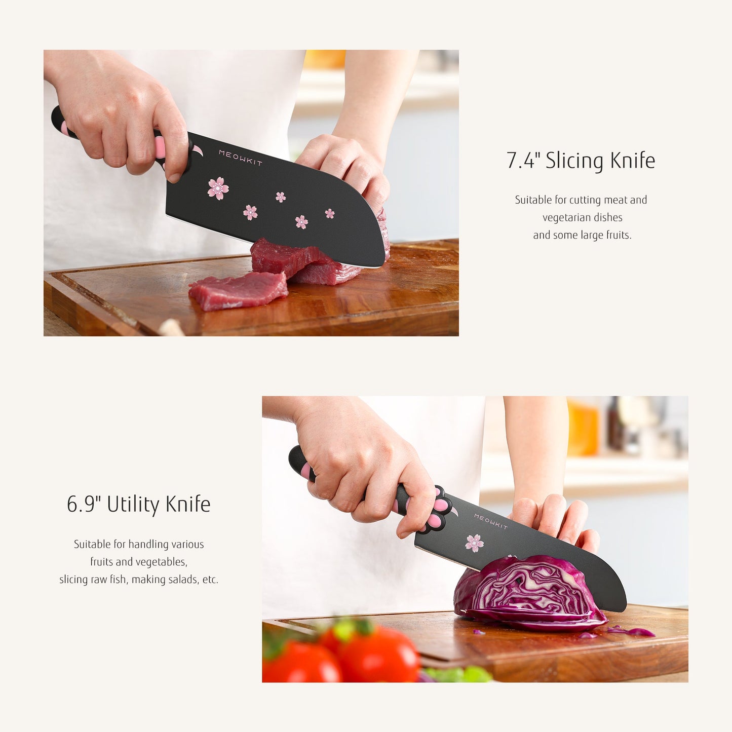 Juego de cuchillos Meowkit de 5 piezas con taco - Hojas con revestimiento antiadherente (negro y rosa)