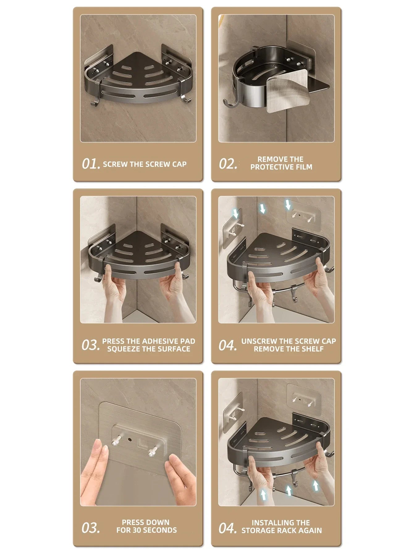 Estantería de baño de aluminio con ganchos – set de 2
