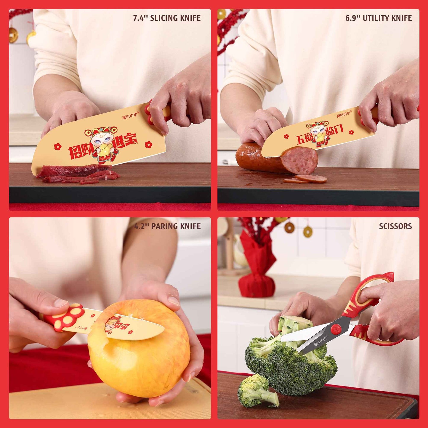Juego de cuchillos Meowkit - Juego de cuchillos rojo energético de 5 piezas con bloque desmontable