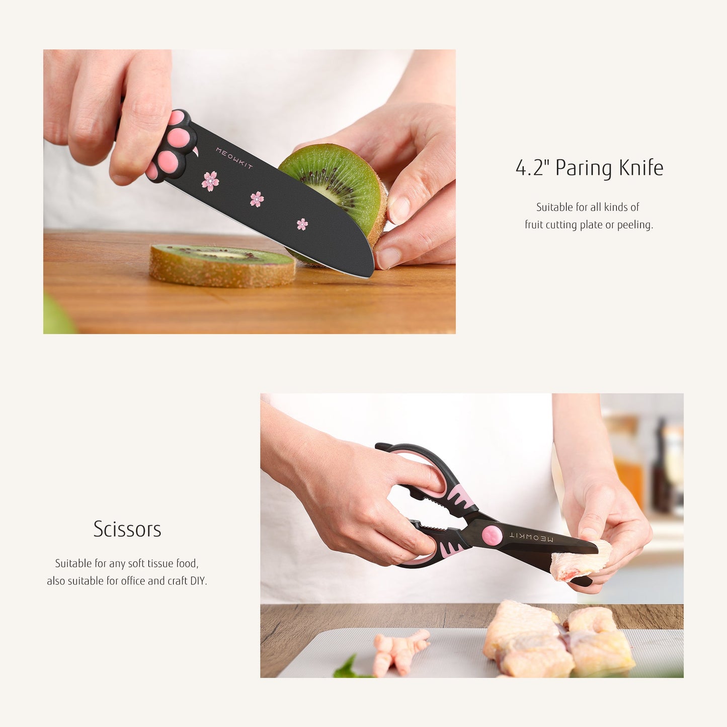 Juego de cuchillos Meowkit de 5 piezas con taco - Hojas con revestimiento antiadherente (negro y rosa)