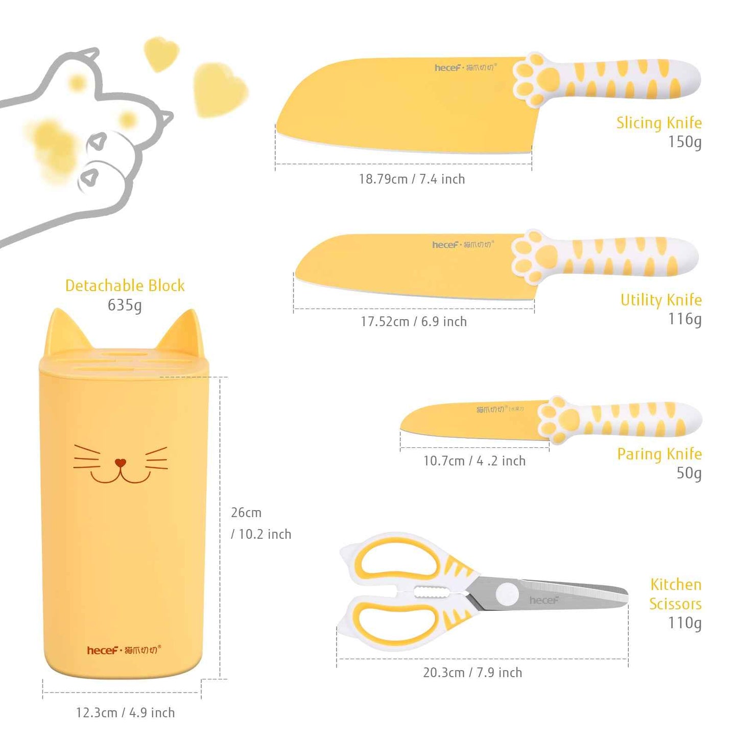 Juego de Cuchillos de 5 Piezas Meowkit con Bloque Desmontable – Hojas con Revestimiento Antiadherente (Amarillo Jazmín)