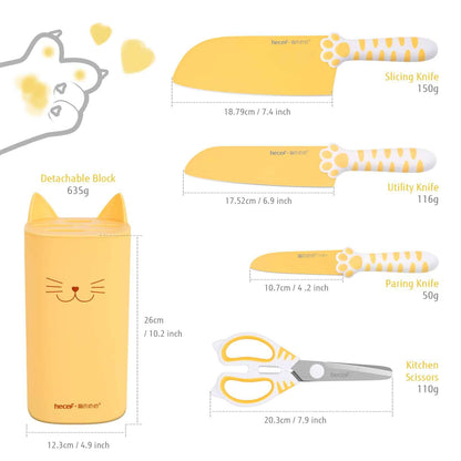 Juego de Cuchillos de 5 Piezas Meowkit con Bloque Desmontable – Hojas con Revestimiento Antiadherente (Amarillo Jazmín)