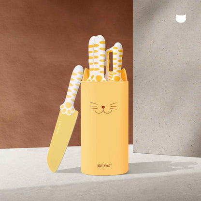 Juego de Cuchillos de 5 Piezas Meowkit con Bloque Desmontable – Hojas con Revestimiento Antiadherente (Amarillo Jazmín)