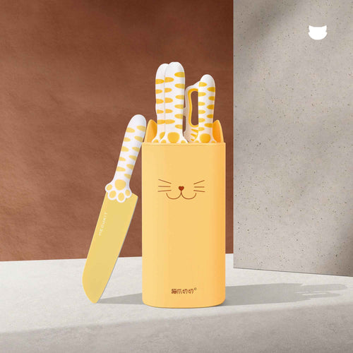 Juego de Cuchillos de 5 Piezas Meowkit con Bloque Desmontable – Hojas con Revestimiento Antiadherente (Amarillo Jazmín)
