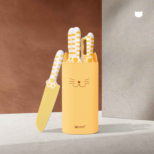 Juego de Cuchillos de 5 Piezas Meowkit con Bloque Desmontable – Hojas con Revestimiento Antiadherente (Amarillo Jazmín)