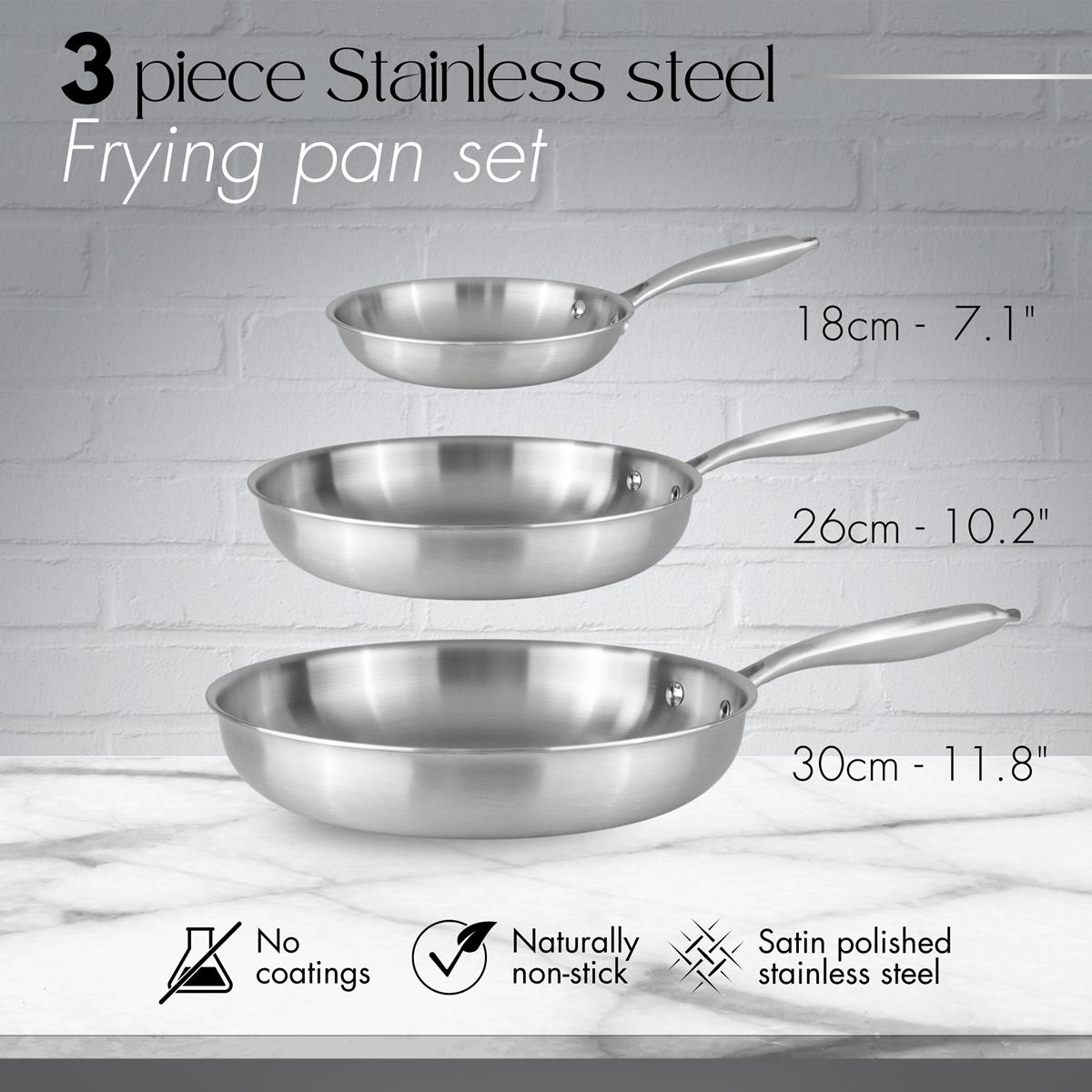 Set de 3 Sartenes de Acero Inoxidable - 18, 26 y 30 cm