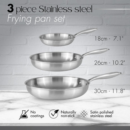 Set de 3 Sartenes de Acero Inoxidable - 18, 26 y 30 cm