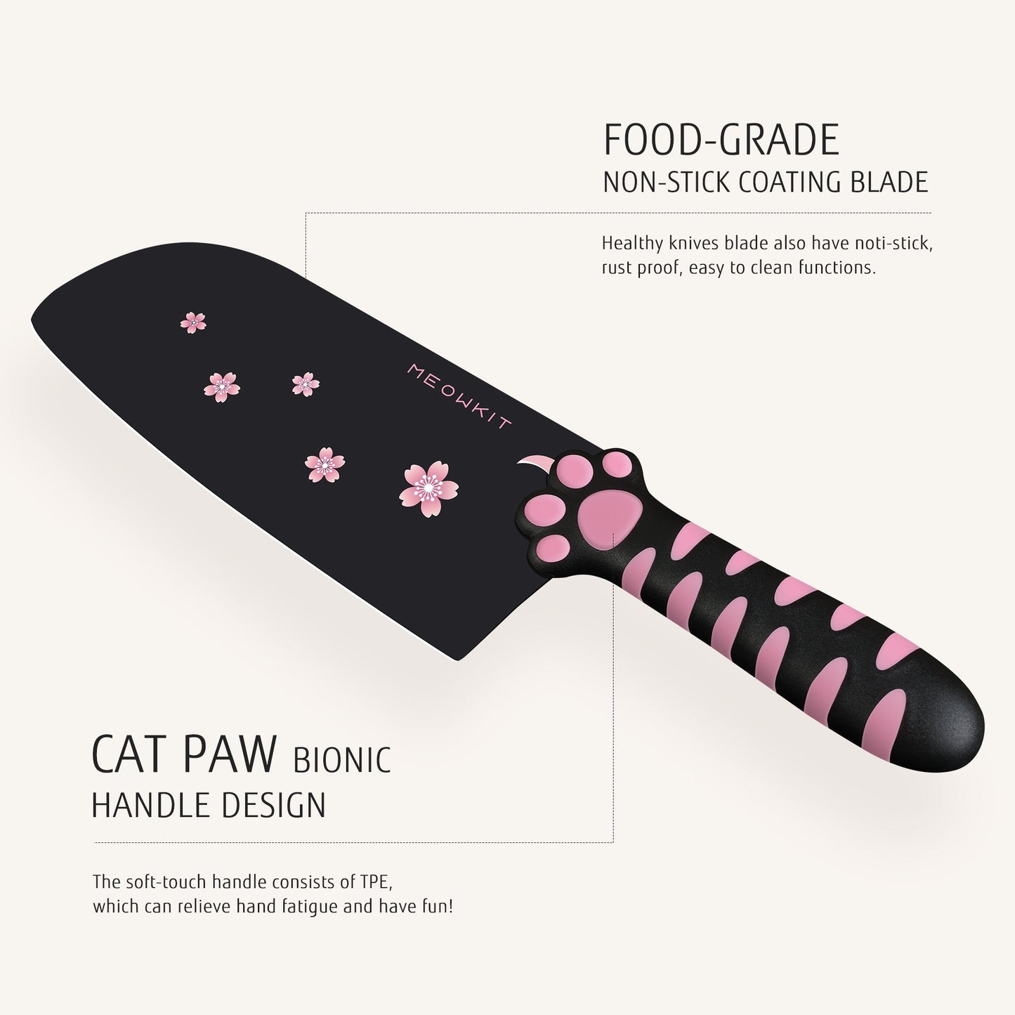 Juego de cuchillos Meowkit de 5 piezas con taco - Hojas con revestimiento antiadherente (negro y rosa)
