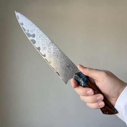 Cuchillo de Chef Apex Damascus - Mango de Madera y Resina Azul