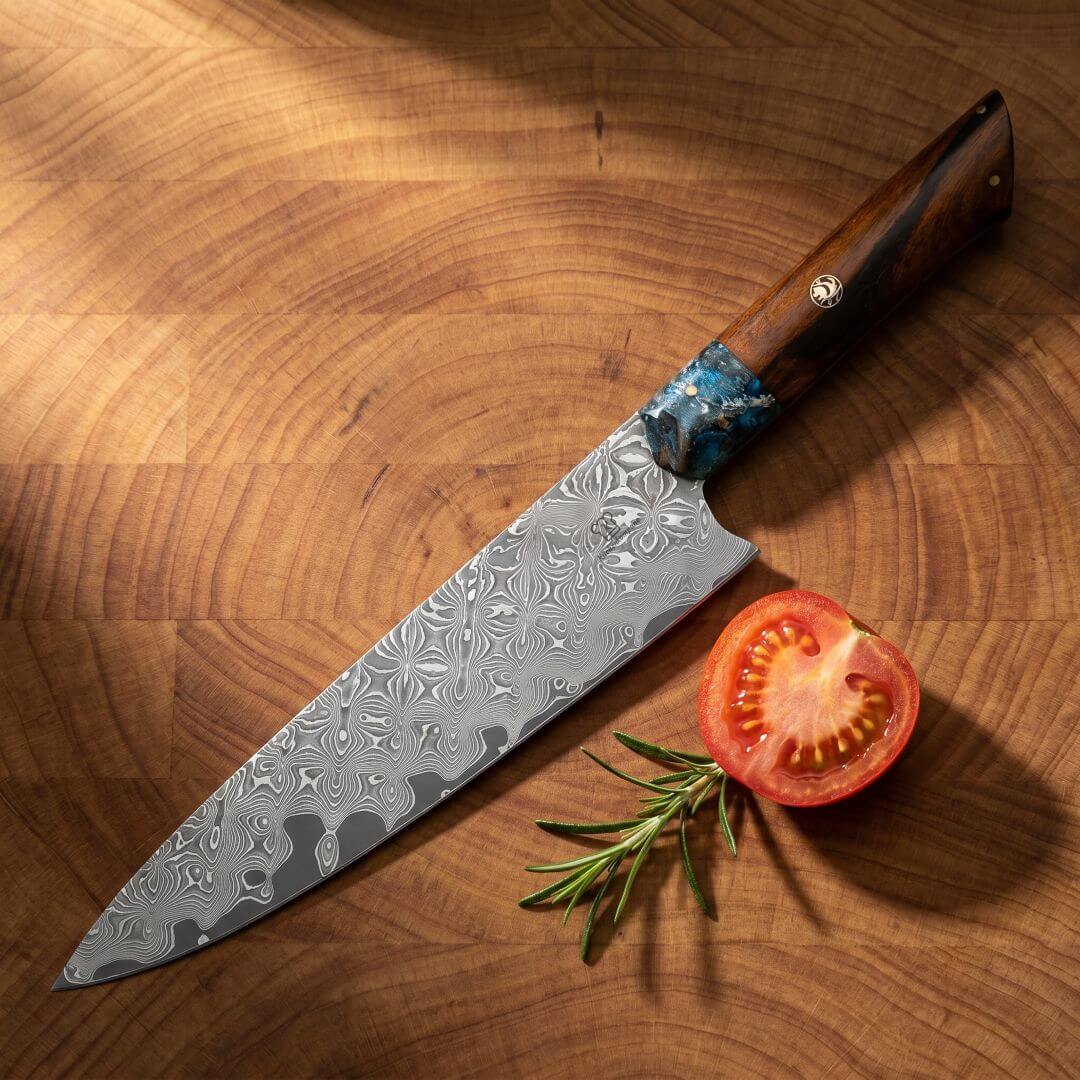 Cuchillo de Chef Apex Damascus - Mango de Madera y Resina Azul
