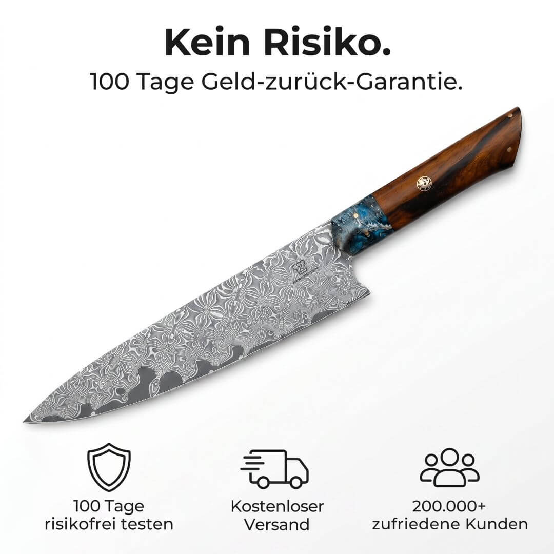 Cuchillo de Chef Apex Damascus - Mango de Madera y Resina Azul