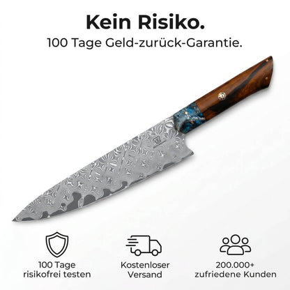 Cuchillo de Chef Apex Damascus - Mango de Madera y Resina Azul