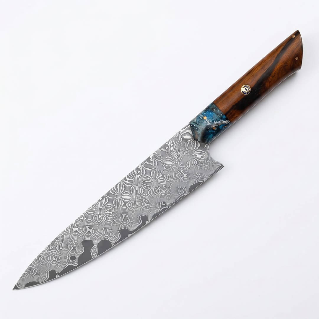 Cuchillo de Chef Apex Damascus - Mango de Madera y Resina Azul