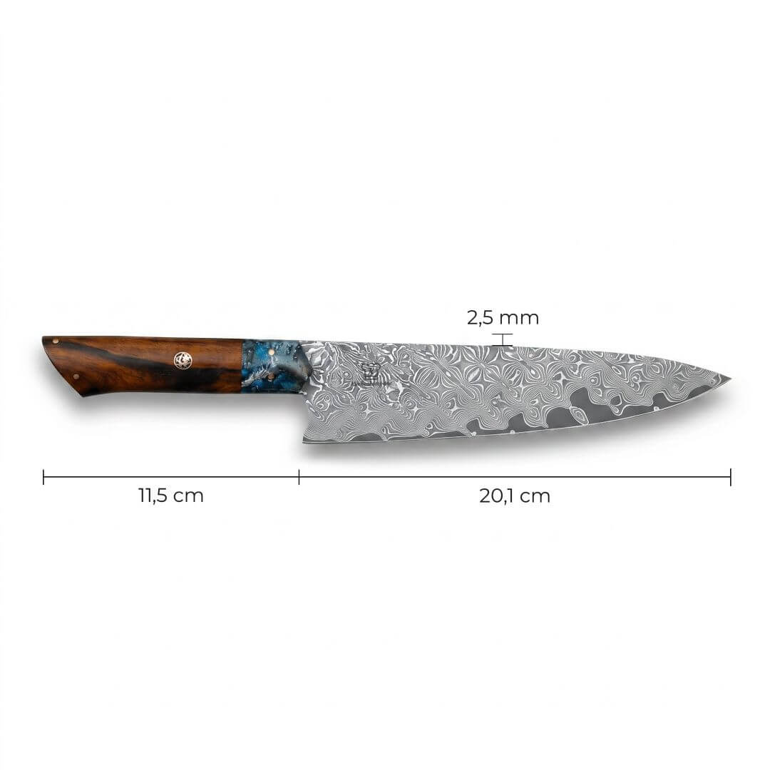 Cuchillo de Chef Apex Damascus - Mango de Madera y Resina Azul
