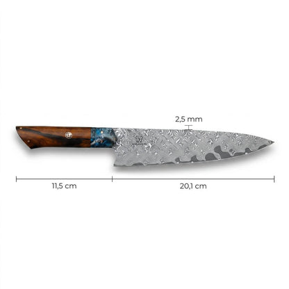 Cuchillo de Chef Apex Damascus - Mango de Madera y Resina Azul