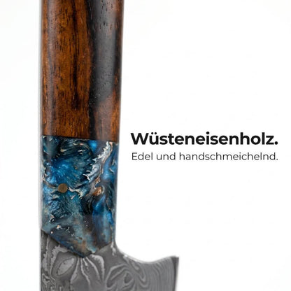 Cuchillo de Chef Apex Damascus - Mango de Madera y Resina Azul