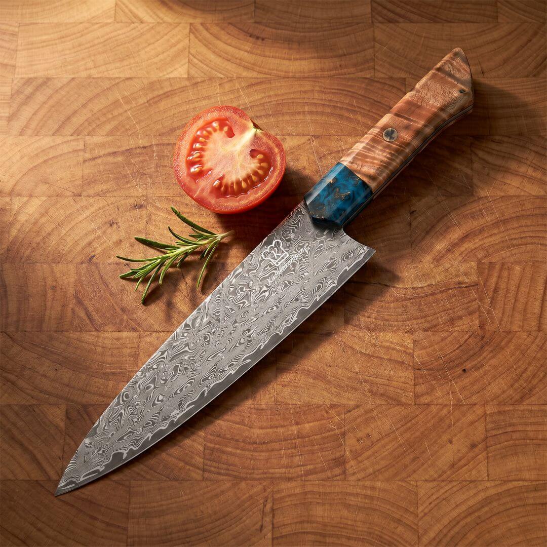 Cuchillo de chef Apex Damascus - Mango de resina azul