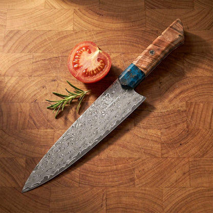 Cuchillo de chef Apex Damascus - Mango de resina azul