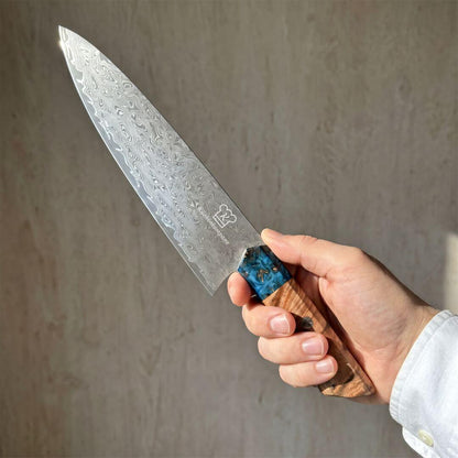 Cuchillo de chef Apex Damascus - Mango de resina azul