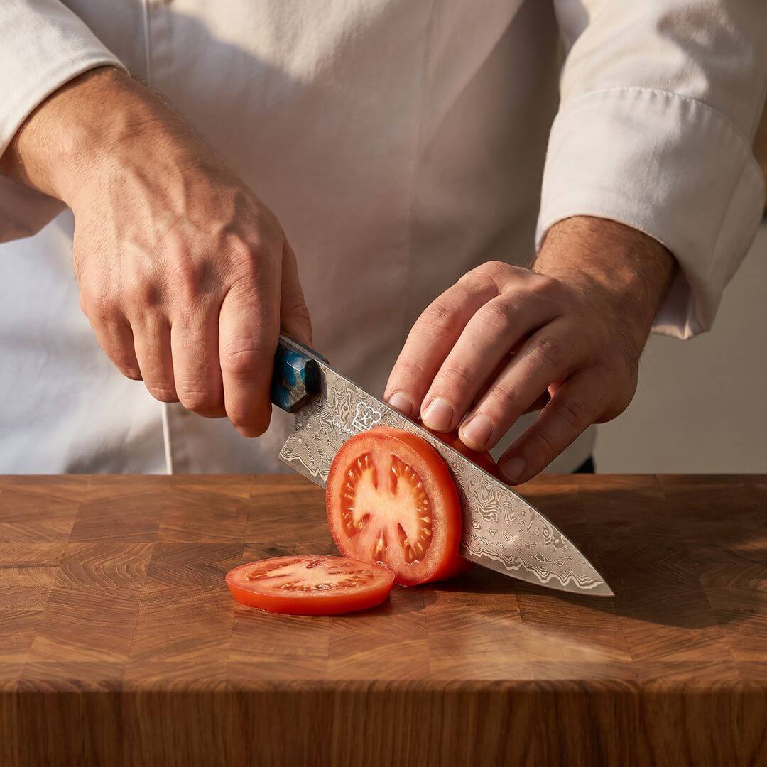 Cuchillo de chef Apex Damascus - Mango de resina azul