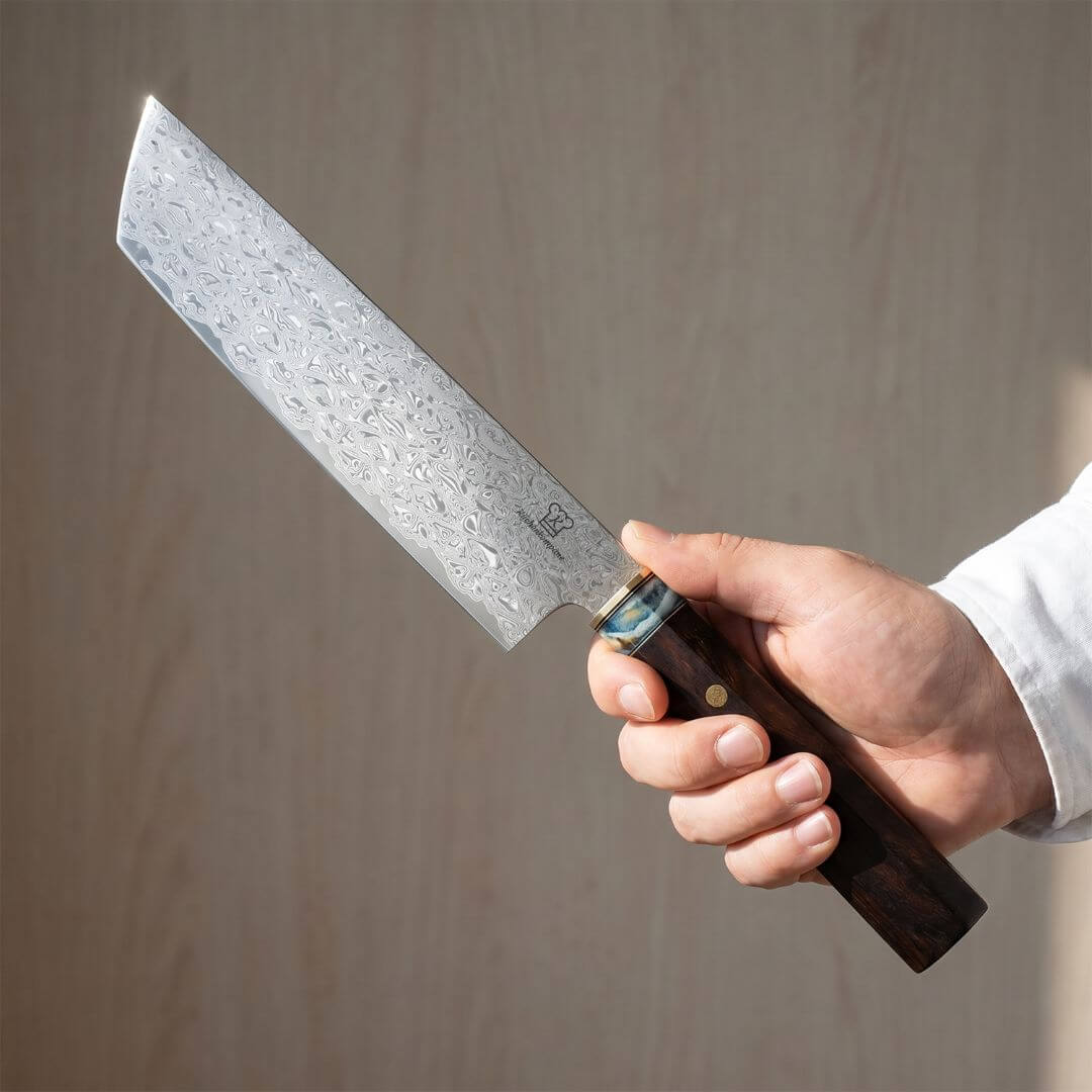 Cuchillo Nakiri Apex Damasco - Mango de Madera y Resina Azul