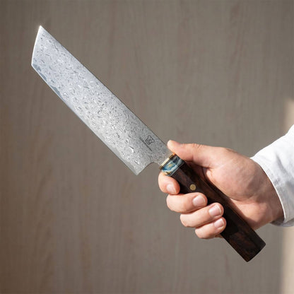 Cuchillo Nakiri Apex Damasco - Mango de Madera y Resina Azul