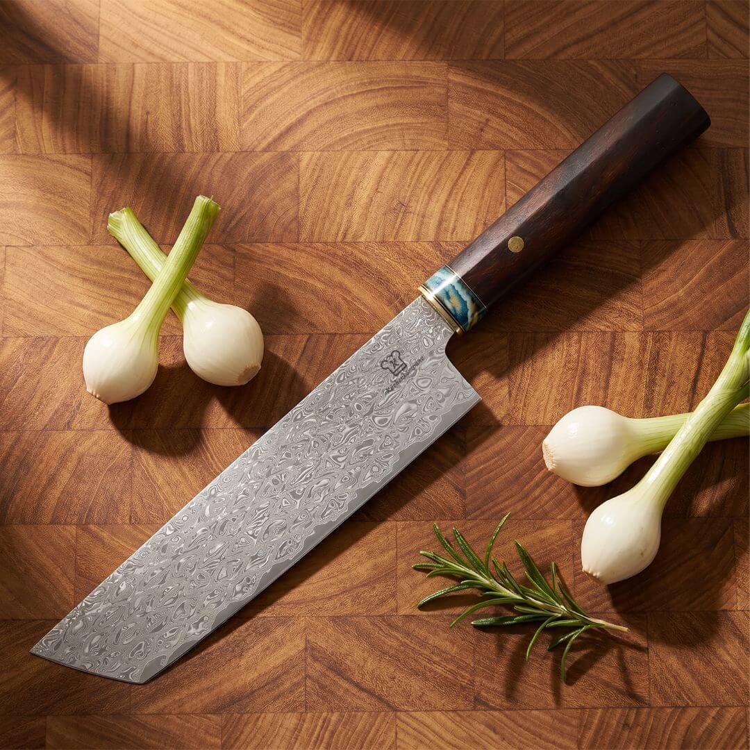 Cuchillo Nakiri Apex Damasco - Mango de Madera y Resina Azul