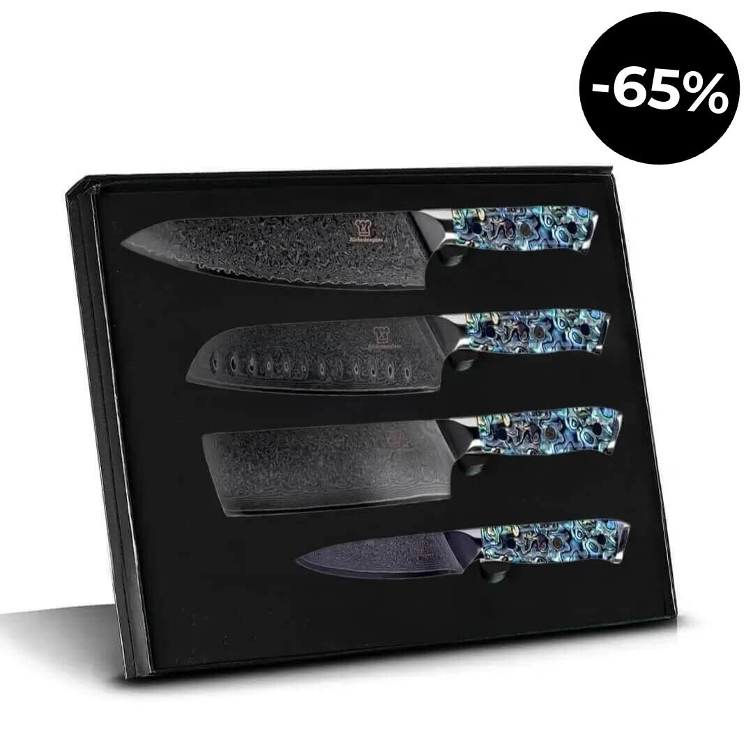 Juego de Cuchillos Apex Black Damascus - Mango de Abulón Azul