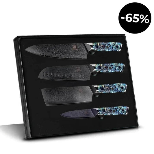 Juego de Cuchillos Apex Black Damascus - Mango de Abulón Azul