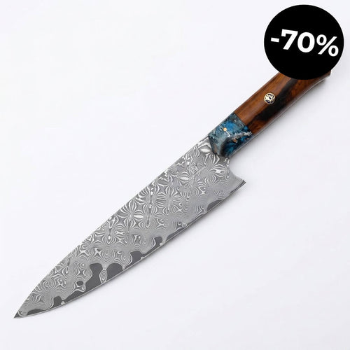 Cuchillo de Chef Apex Damascus - Mango de Madera y Resina Azul