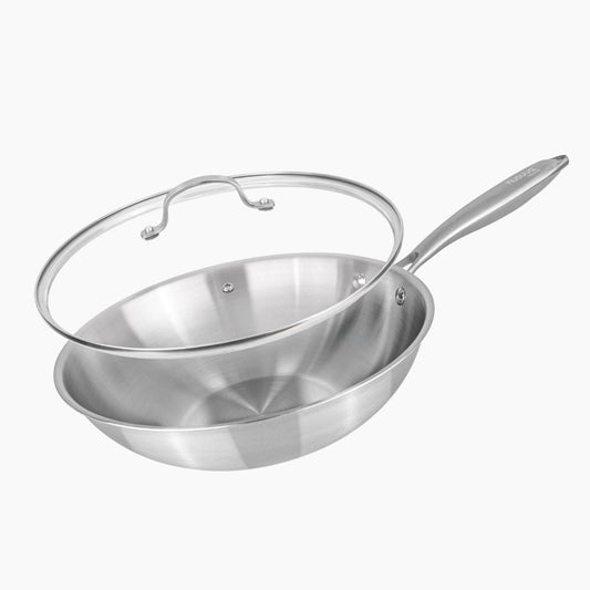 Wok Antiadherente de Acero Inoxidable de 28 cm con Tapa de Vidrio