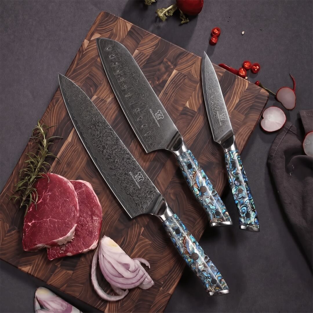 Juego de Cuchillos Apex Black Damascus - Mango de Abulón Azul