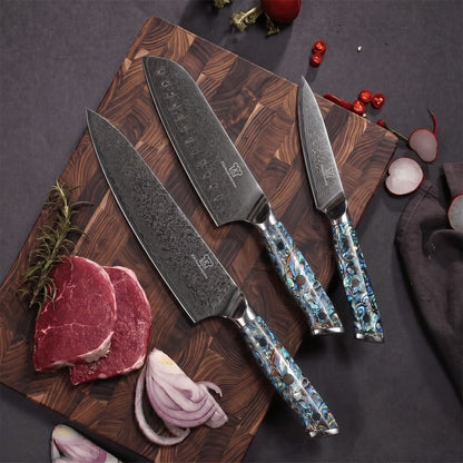 Juego de Cuchillos Apex Black Damascus - Mango de Abulón Azul