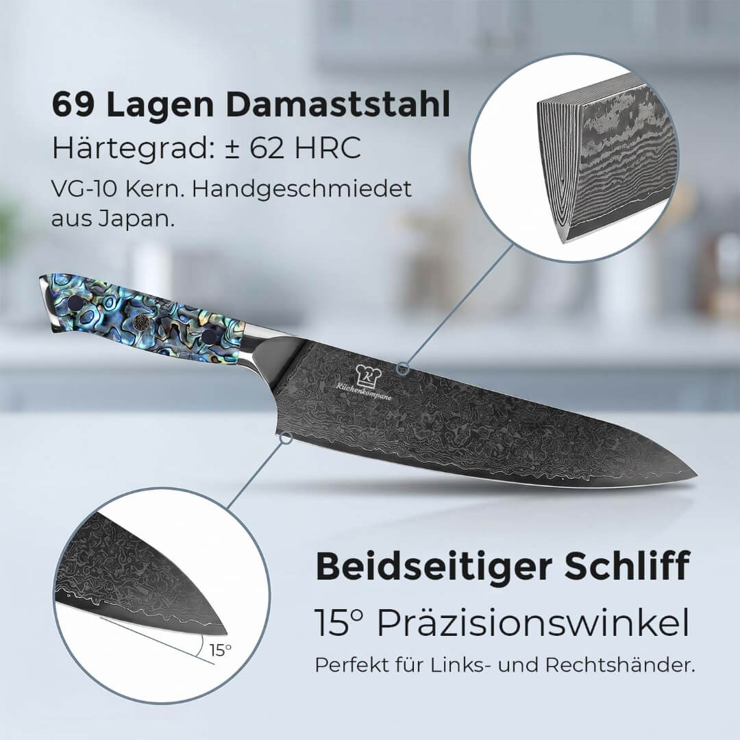 Juego de Cuchillos Apex Black Damascus - Mango de Abulón Azul