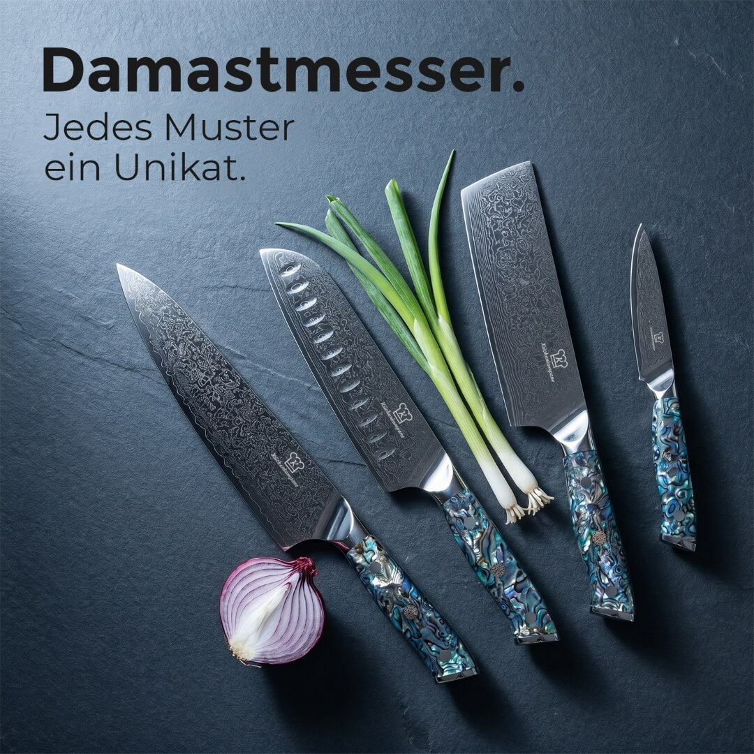 Juego de Cuchillos Apex Black Damascus - Mango de Abulón Azul