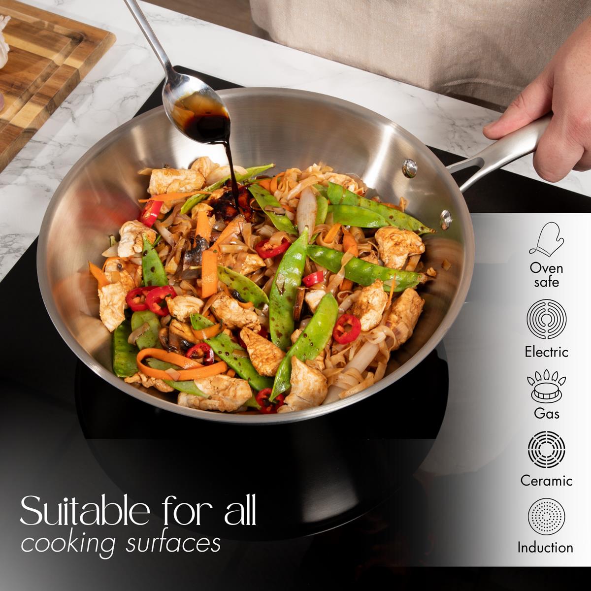 Wok Antiadherente de Acero Inoxidable de 28 cm con Tapa de Vidrio