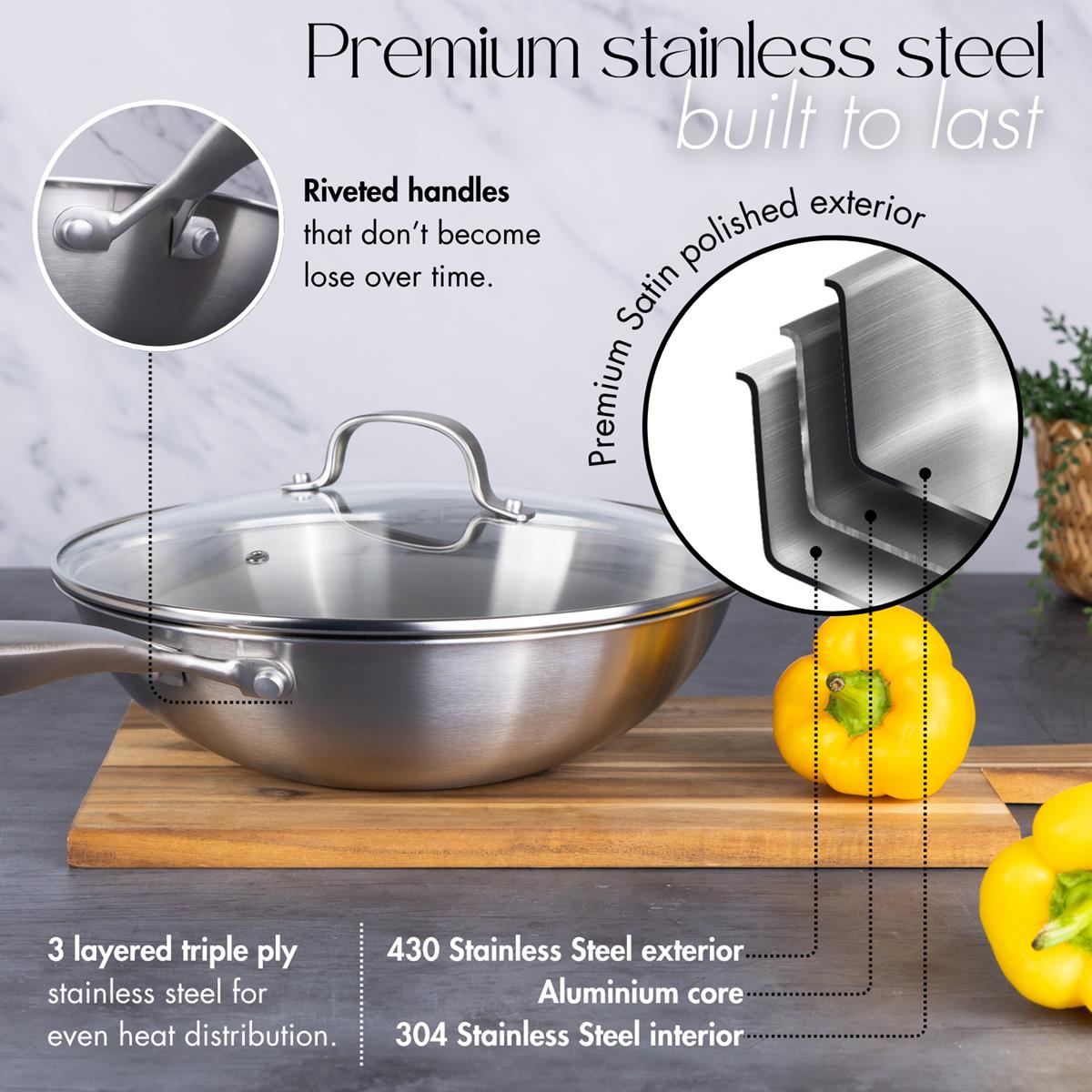 Wok Antiadherente de Acero Inoxidable de 28 cm con Tapa de Vidrio