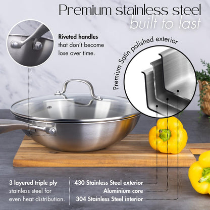 Wok Antiadherente de Acero Inoxidable de 28 cm con Tapa de Vidrio