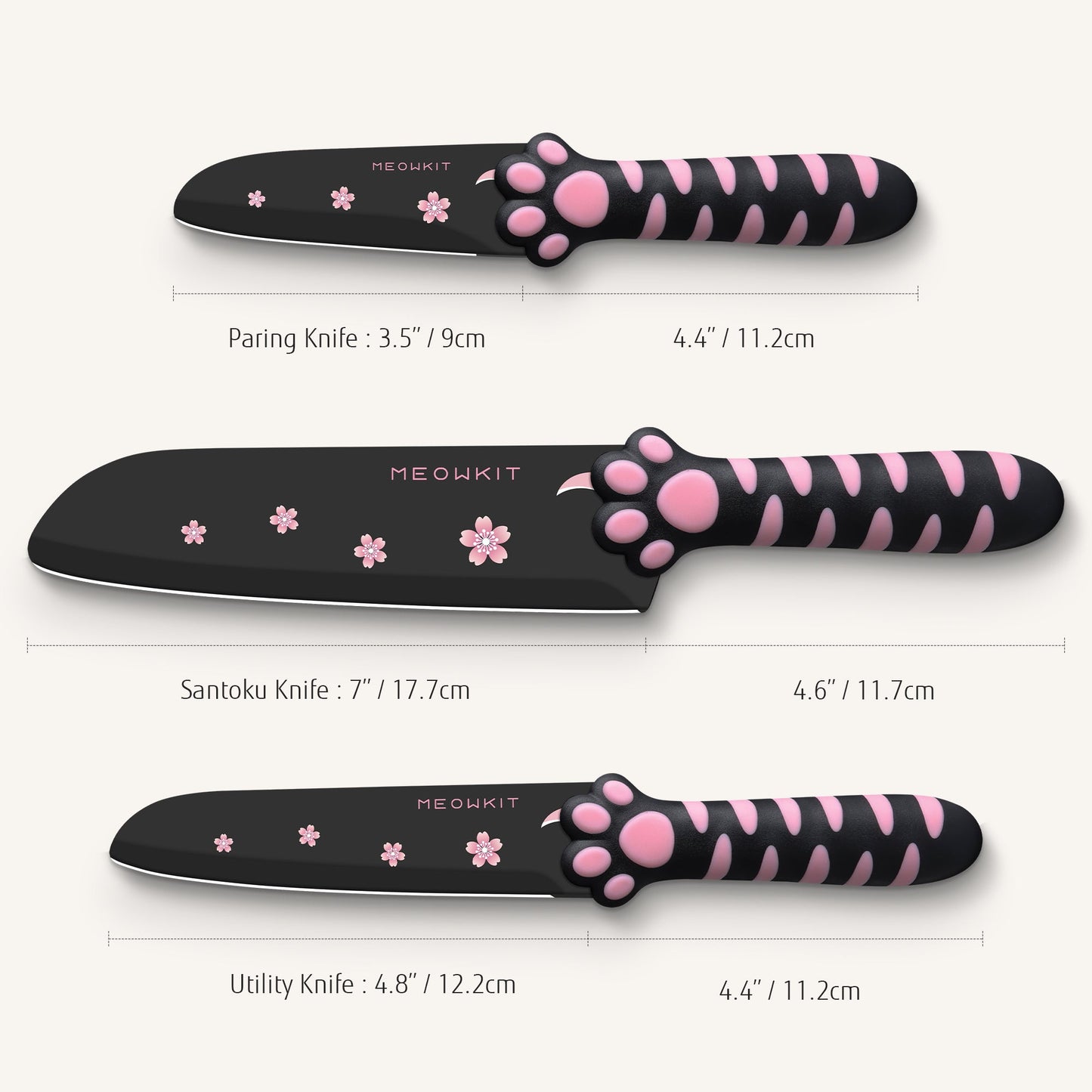 Juego de Cuchillos Meowkit de 3 Piezas sin Bloque Desmontable – Hojas con Revestimiento Antiadherente