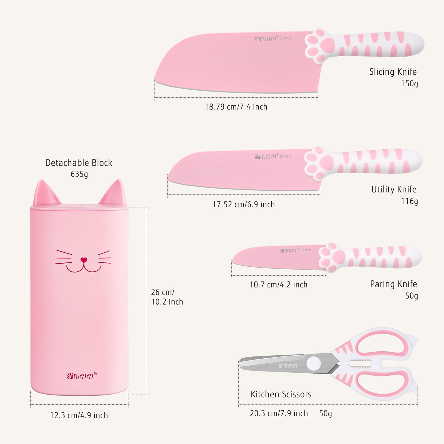 Juego de Cuchillos Rosa Sakura Meowkit – Juego de 5 cuchillos con bloque desmontable