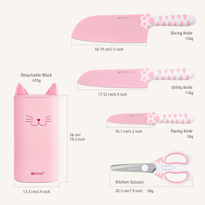 Juego de Cuchillos Rosa Sakura Meowkit – Juego de 5 cuchillos con bloque desmontable