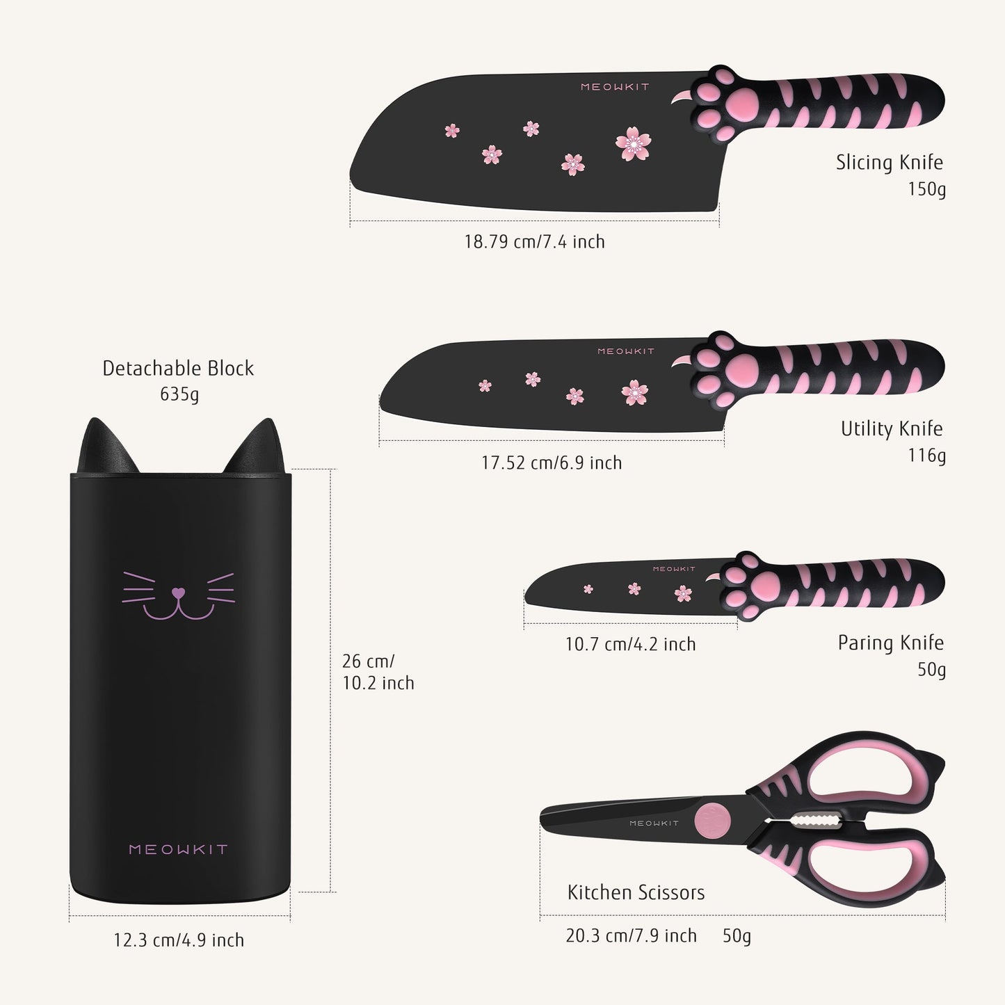 Juego de cuchillos Meowkit de 5 piezas con taco - Hojas con revestimiento antiadherente (negro y rosa)