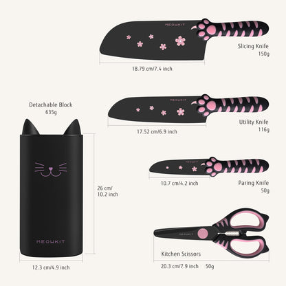 Juego de cuchillos Meowkit de 5 piezas con taco - Hojas con revestimiento antiadherente (negro y rosa)