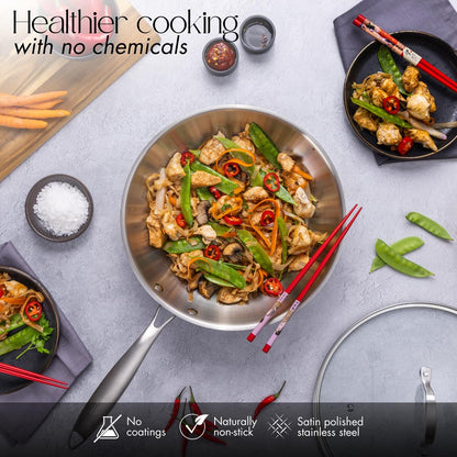 Wok Antiadherente de Acero Inoxidable de 28 cm con Tapa de Vidrio