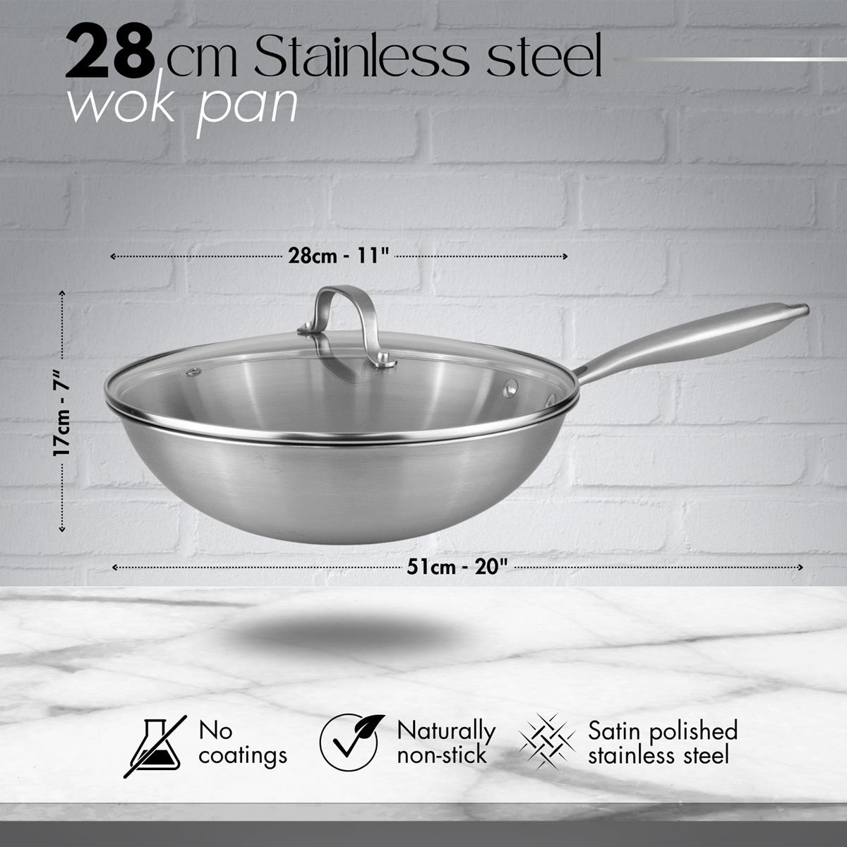 Wok Antiadherente de Acero Inoxidable de 28 cm con Tapa de Vidrio
