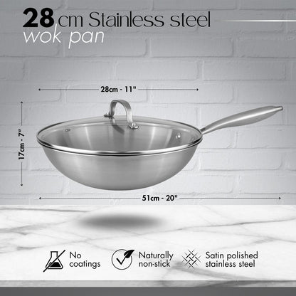 Wok Antiadherente de Acero Inoxidable de 28 cm con Tapa de Vidrio
